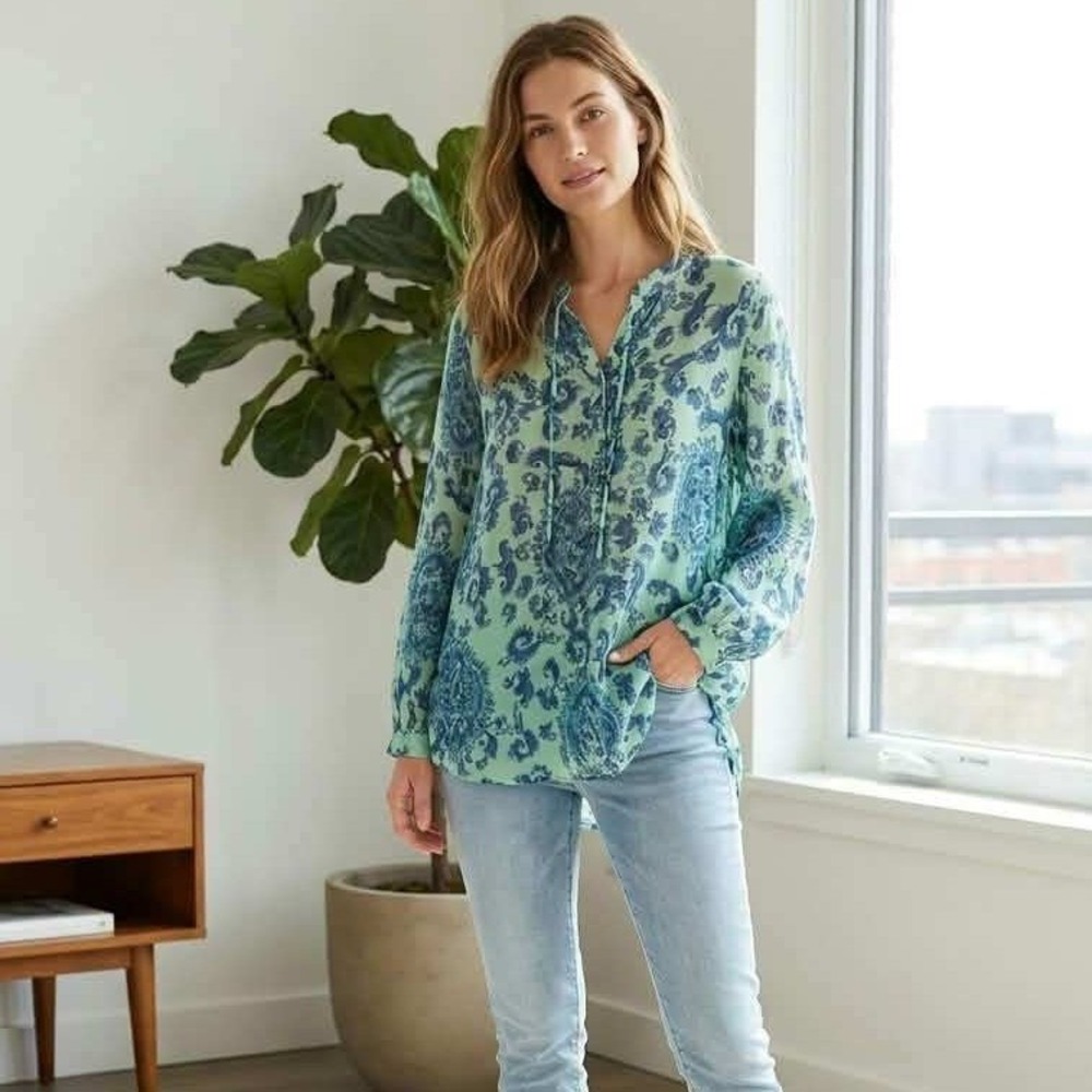 Dolma Womens Green Blue Paisley Cotton Gauze Tunic Blouse Top Size M
